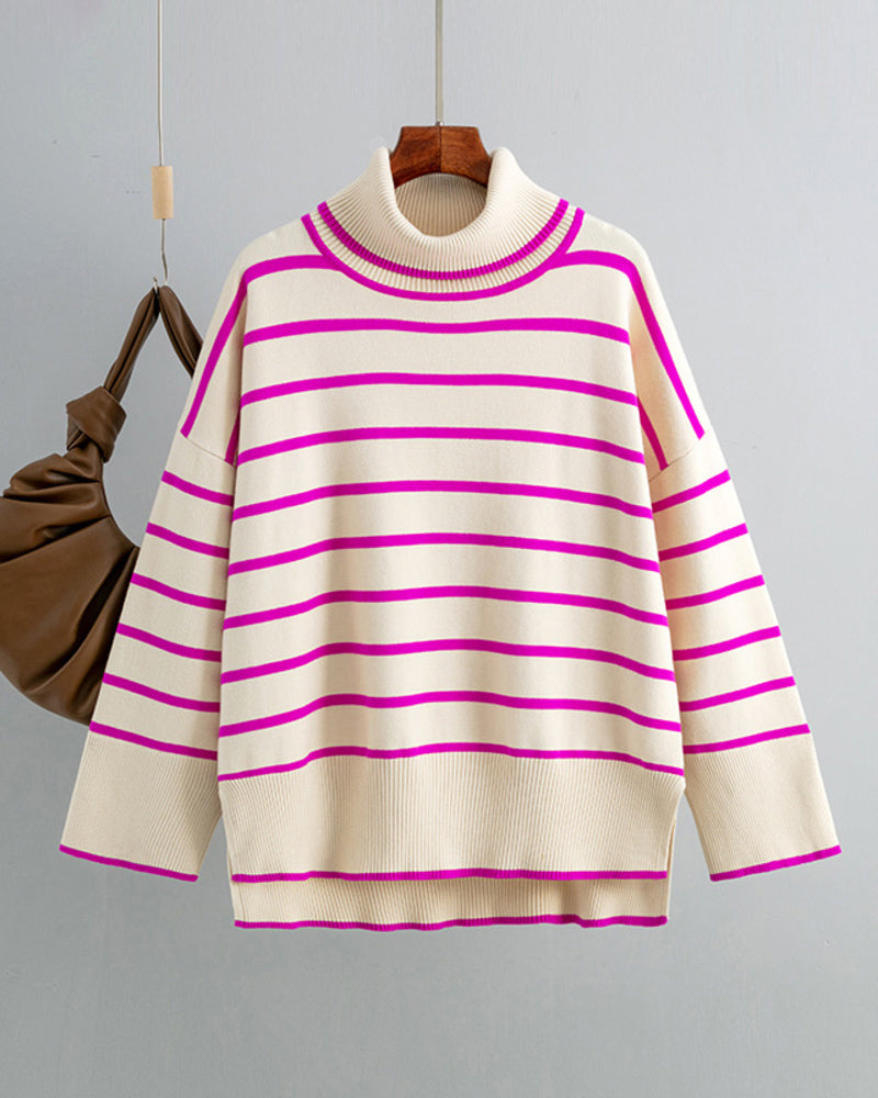 Striped Sweater Casual Turtleneck Knit Pullover Jumper Tops – Rose Red M Striped Sweater Casual Turtleneck Knit Pullover Jumper Tops – Rose Red M