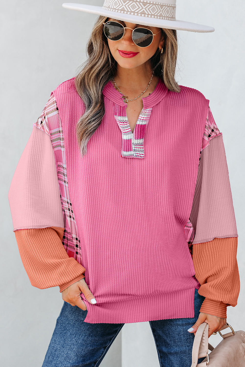 Maddie Texture Colorblock Patchwork Long Sleeve PL Top – Aruba Blue X – W-W Maddie Texture Colorblock Patchwork Long Sleeve PL Top – Aruba Blue X – W-W
