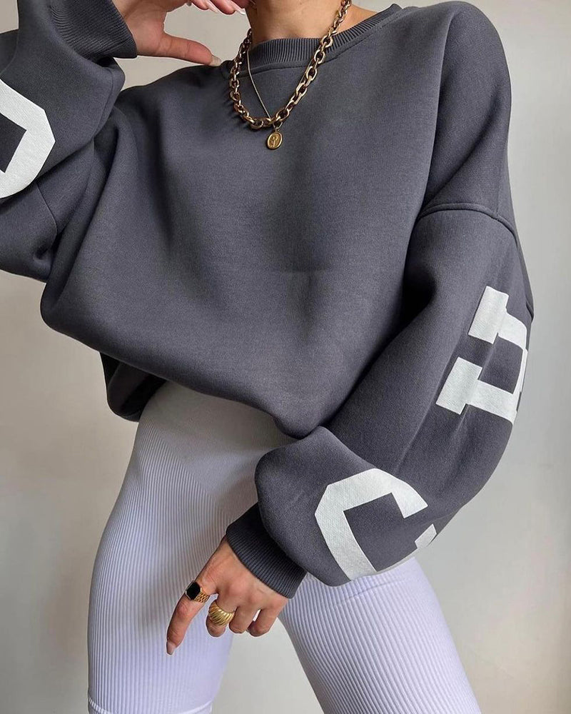 Oversize Sweatshirt Chicago Letter Graphic Long Sleeve Crewneck Pullover Top – Dark Grey M