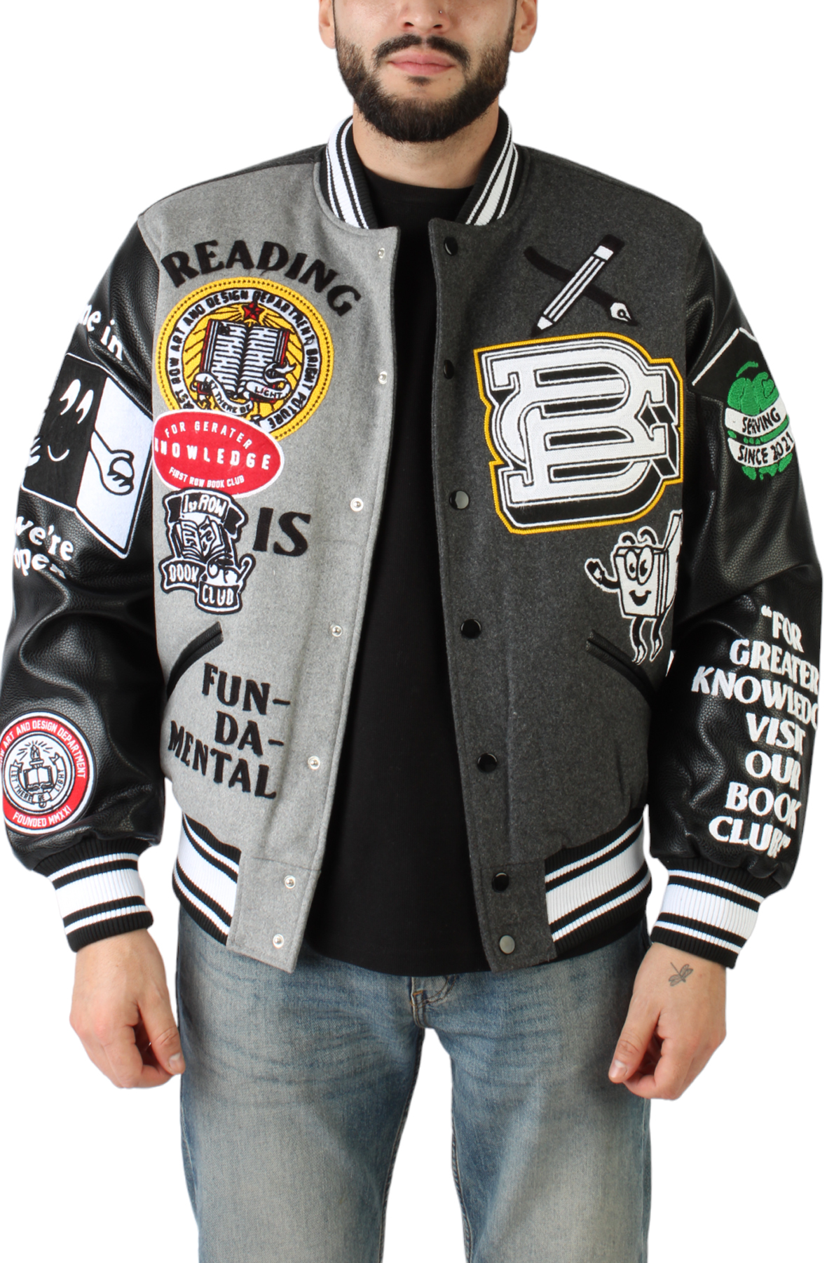 Men Book Club Varsity Jacket BlackGrey Jackets BlackGrey Men Book Club Varsity Jacket BlackGrey Jackets BlackGrey