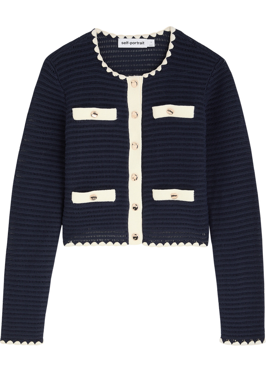 Self-portrait Whipstitch-trim Cotton-blend Cardigan – Navy – M M Self-portrait Whipstitch-trim Cotton-blend Cardigan – Navy – M M