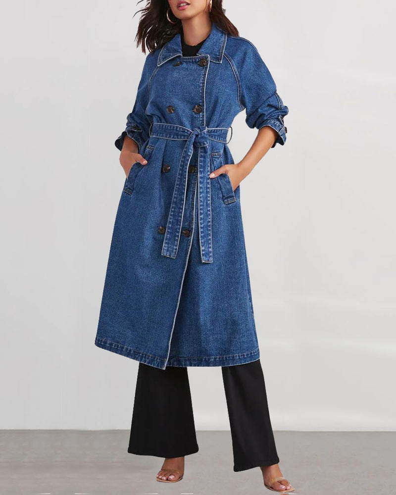 Retro Mid-length Denim Jacket Loose Fit Double-breasted Denim Jacket Windbreaker with Belt – Blue S Retro Mid-length Denim Jacket Loose Fit Double-breasted Denim Jacket Windbreaker with Belt – Blue S