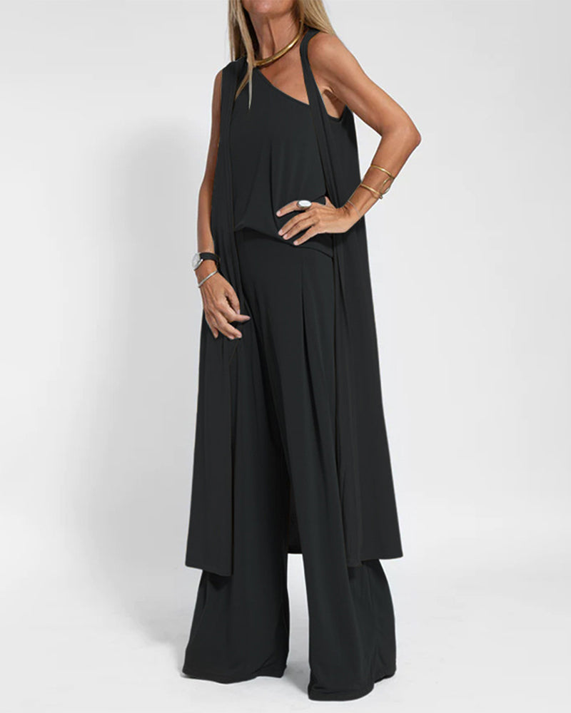 Three-Piece Set One-Shoulder Vest Shirt, Sleeveless Open-Front Cardigan, and Wide-Leg Pants – Black M Three-Piece Set One-Shoulder Vest Shirt, Sleeveless Open-Front Cardigan, and Wide-Leg Pants – Black M