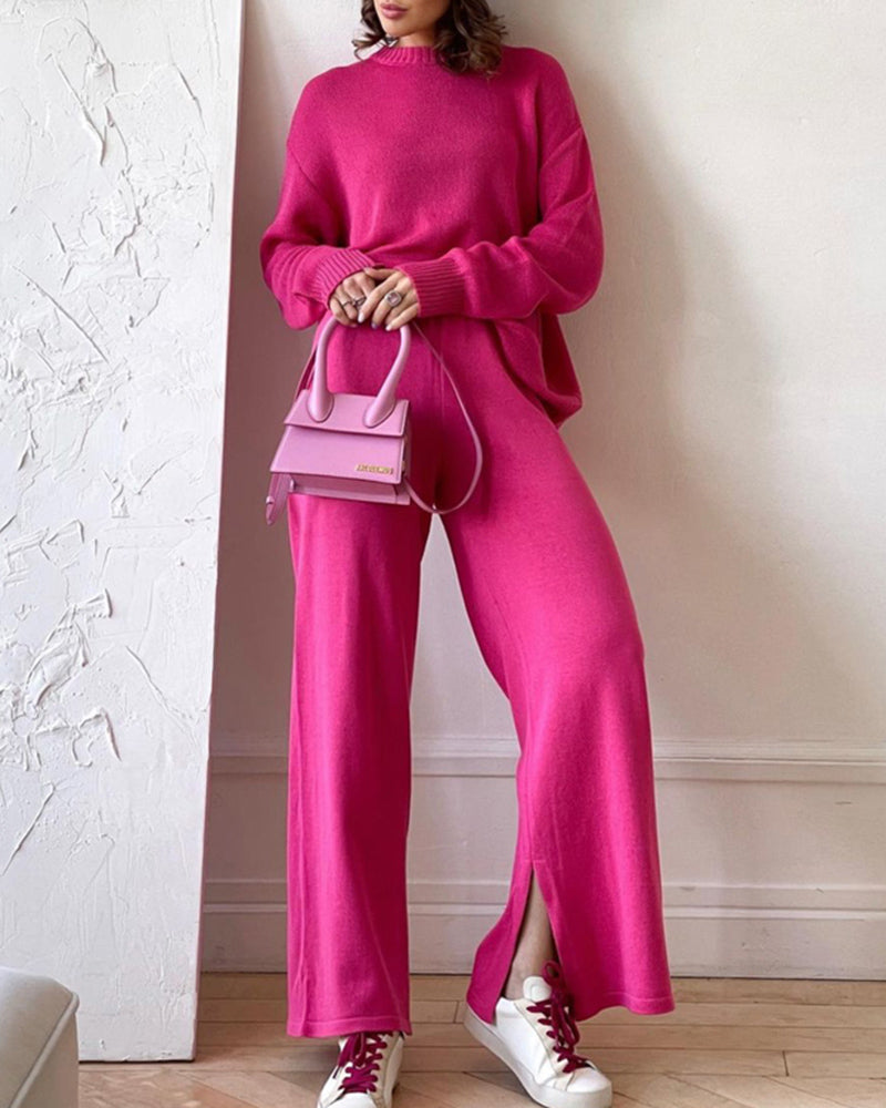 Solid Color Knitted Two Pieces Turtleneck Sweater Set Loose Top + Slit Trouser Pants – Wine Red M Solid Color Knitted Two Pieces Turtleneck Sweater Set Loose Top + Slit Trouser Pants – Wine Red M