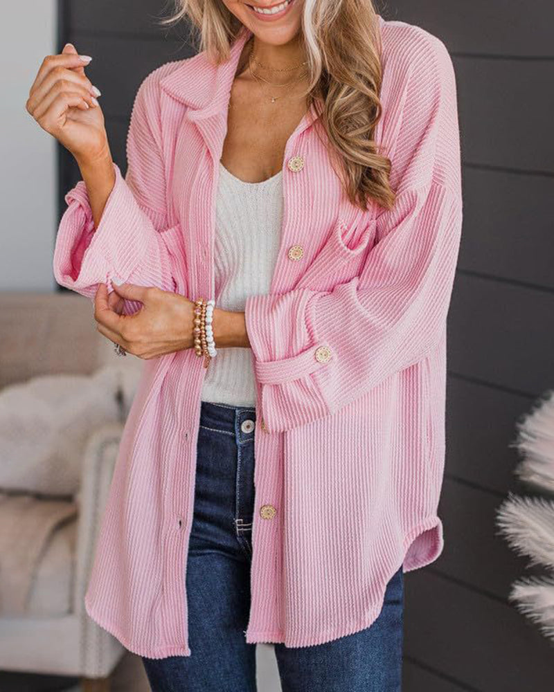 Striped Single-breasted Mid-length Corduroy Shirt Jacket – Pink Striped Single-breasted Mid-length Corduroy Shirt Jacket – Pink