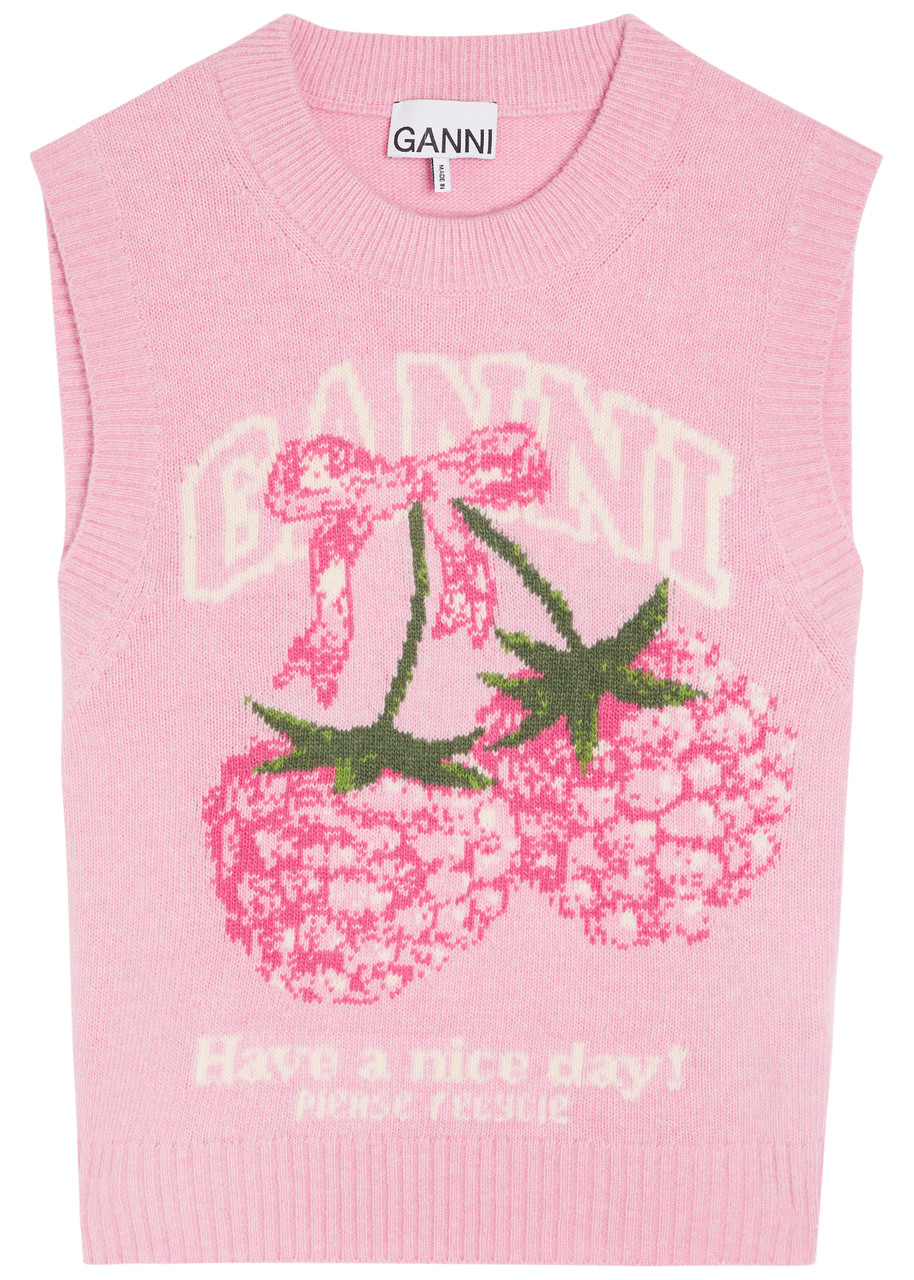 Ganni Logo-intarsia Wool-blend Vest – Pink – S – S
