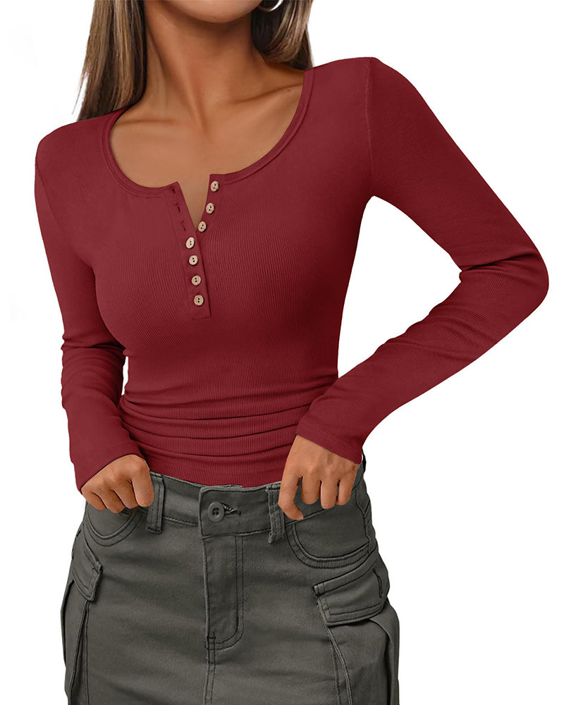 Slim Button Ribbed Knit Basic Tee Henley T Shirt Slim Button Ribbed Knit Basic Tee Henley T Shirt