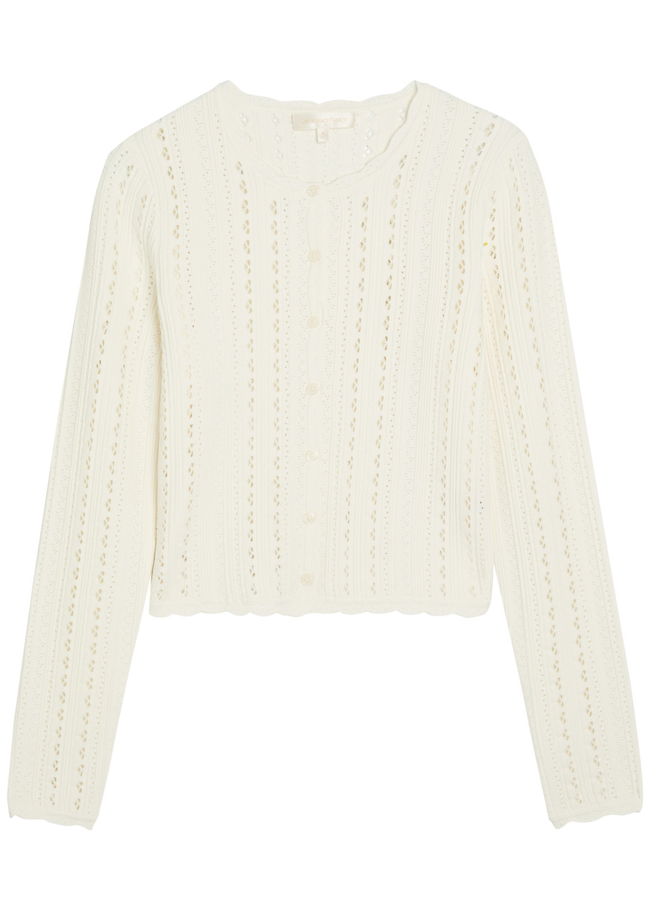Loveshackfancy Peridot Cropped Pointelle-knit Cardigan – White Loveshackfancy Peridot Cropped Pointelle-knit Cardigan – White