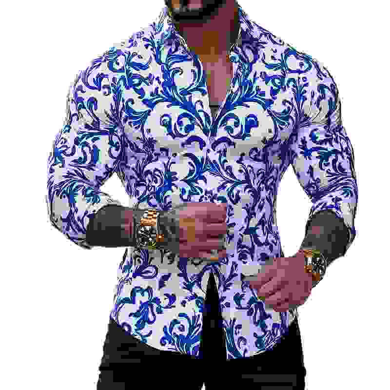 Men’s Retro Casual Blue And White Porcelain Print Lapel Long Sleeve Shirt MTAGTO Men’s Retro Casual Blue And White Porcelain Print Lapel Long Sleeve Shirt MTAGTO