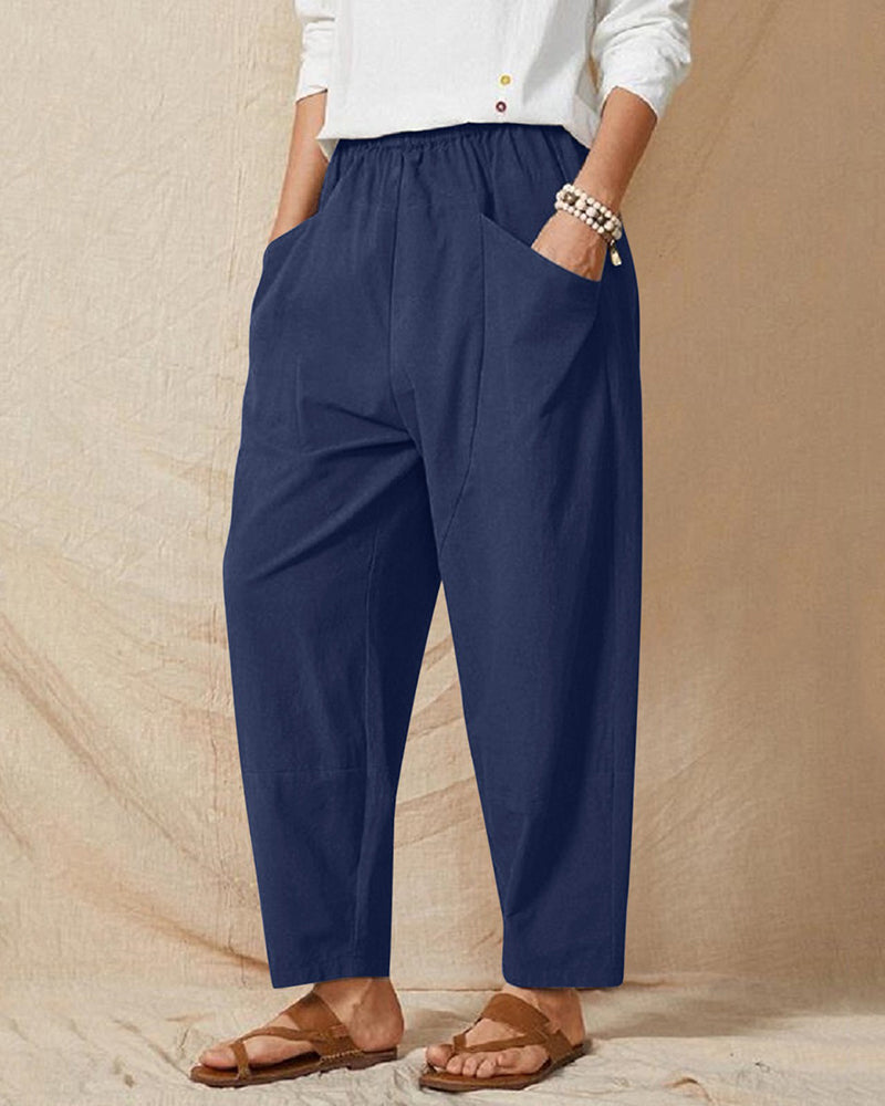 Solid Color Elastic Waist Cropped Wide Leg Pants Loose Trousers – Navy blue L- Solid Color Elastic Waist Cropped Wide Leg Pants Loose Trousers – Navy blue L-