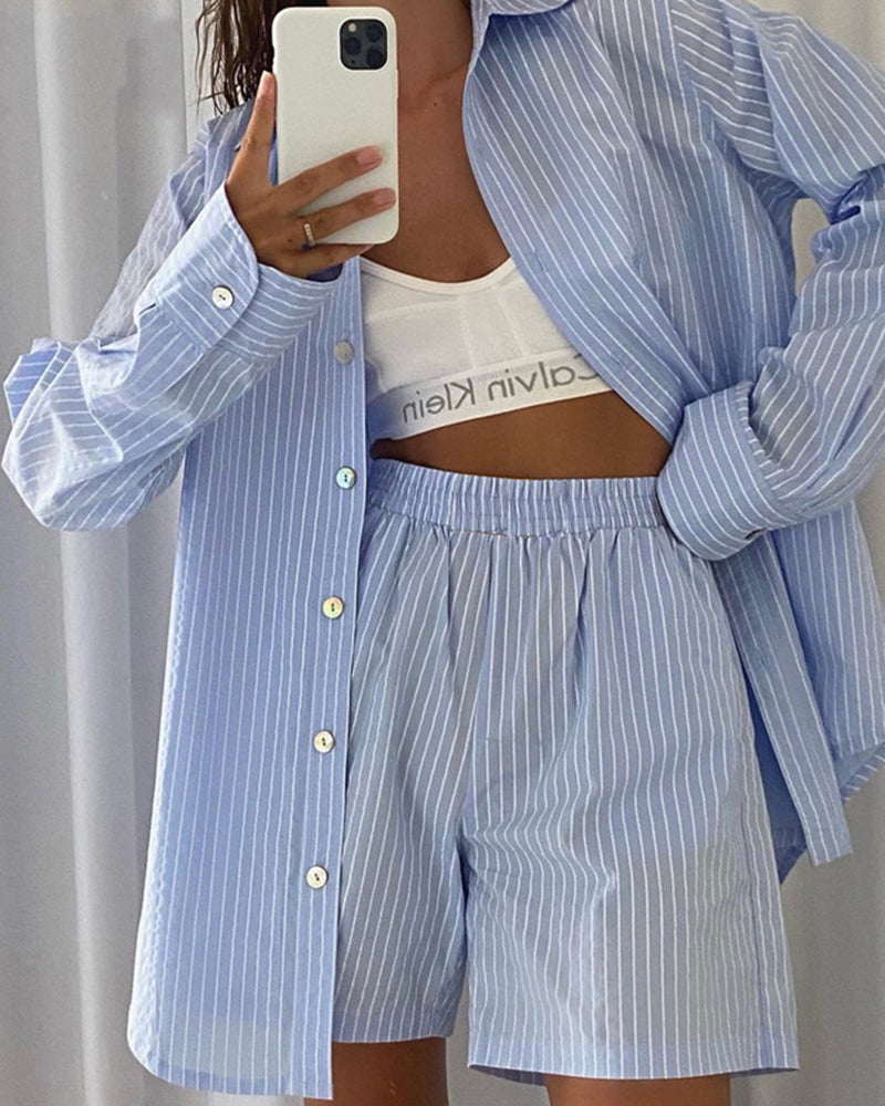 Zeagoo Casual Striped Long Sleeved Shirt Loose High Waist Shorts Two-piece Set – Blue M Zeagoo Casual Striped Long Sleeved Shirt Loose High Waist Shorts Two-piece Set – Blue M
