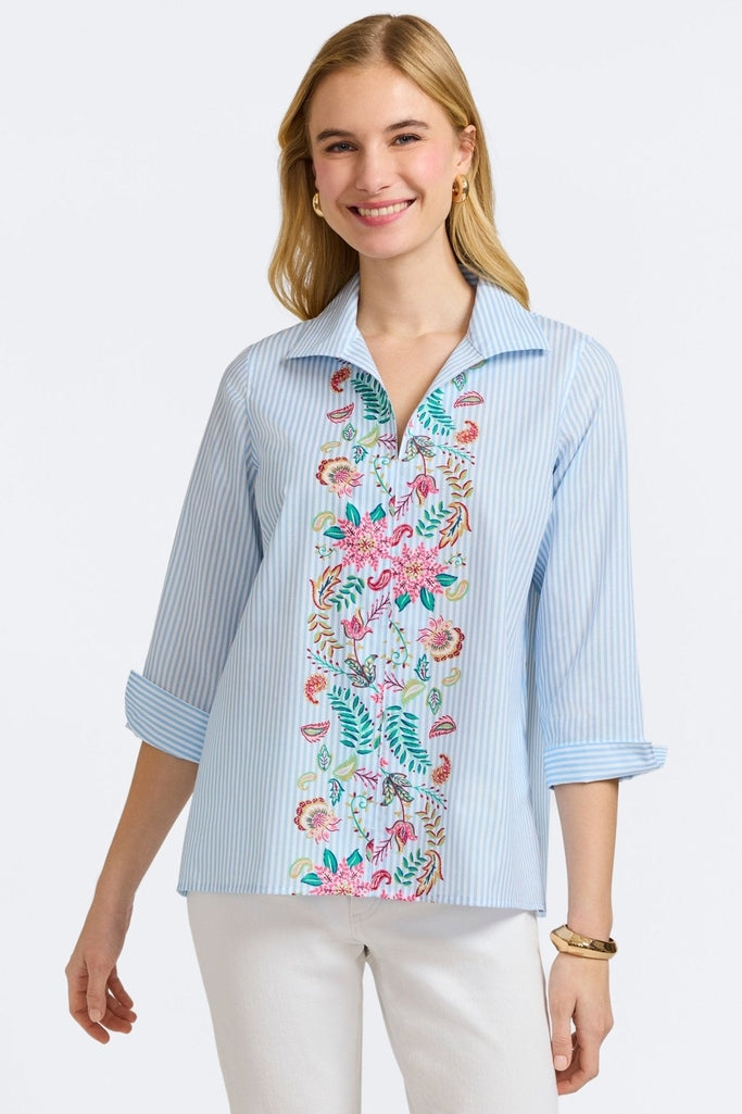 Agnes Striped Floral Sleeve Popover Shirt Agnes Striped Floral Sleeve Popover Shirt