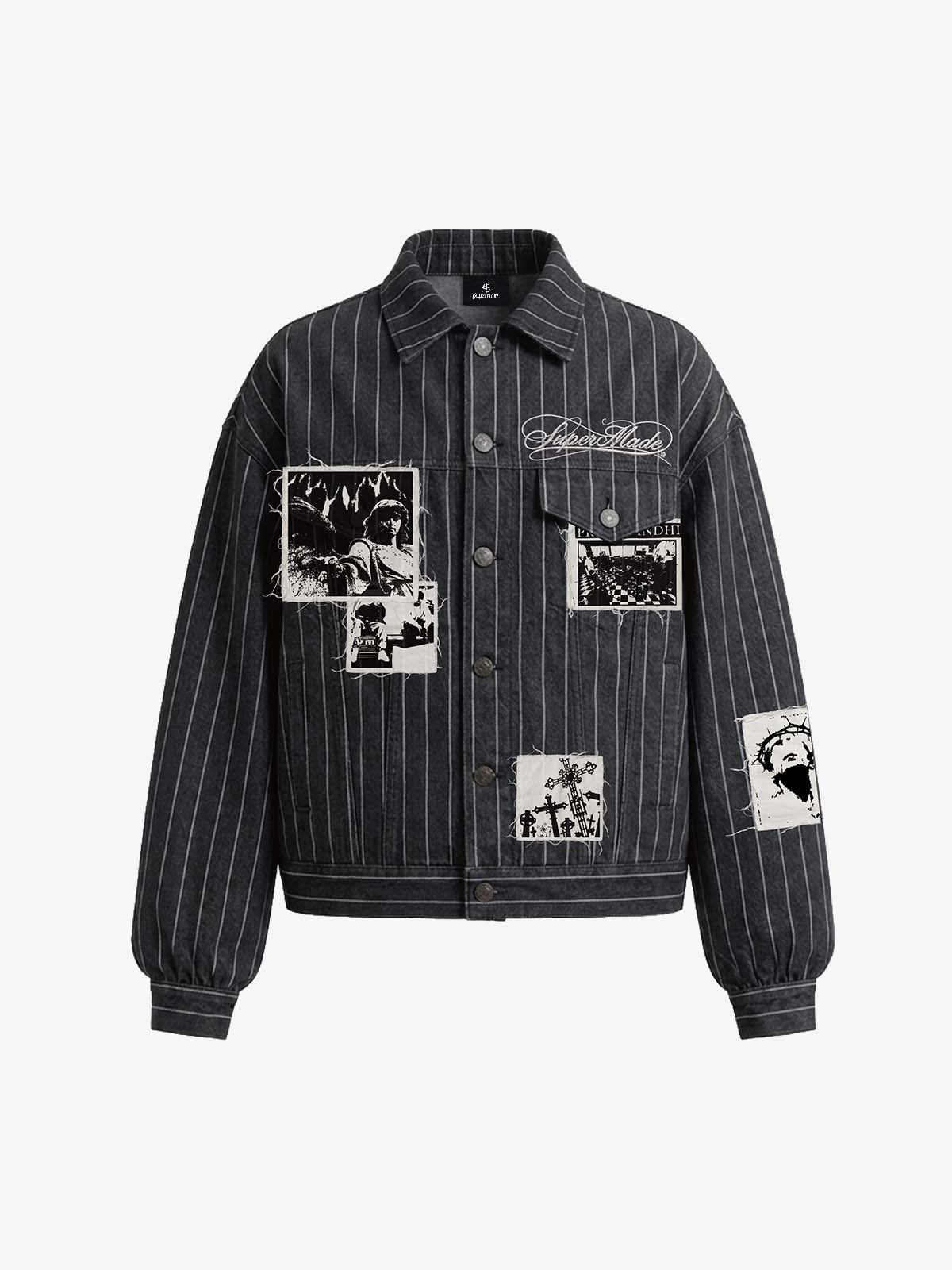 Vintage Pinstripe Patchwork Baggy Denim Set – Black M Jacket Vintage Pinstripe Patchwork Baggy Denim Set – Black M Jacket
