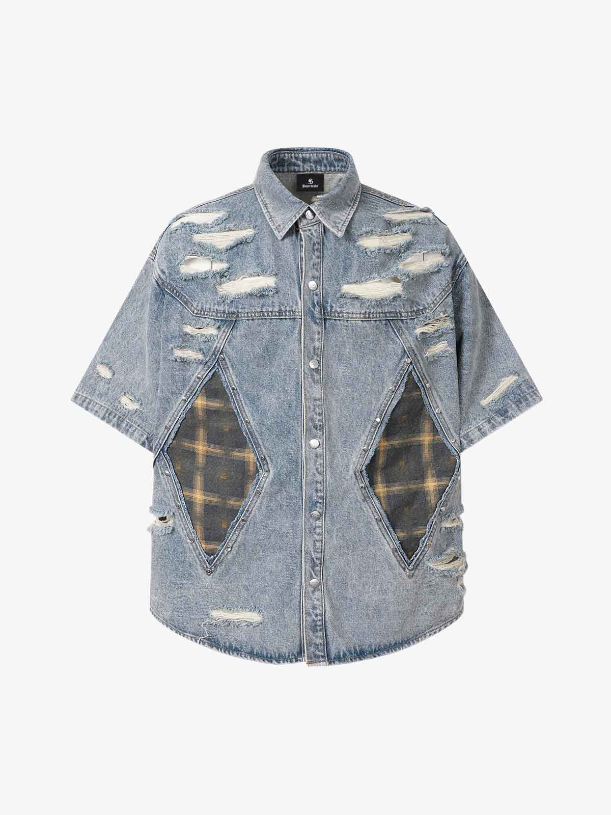 Retro Washed Plaid-Paneled Distressed Denim Set – Dark Blue Shirt Retro Washed Plaid-Paneled Distressed Denim Set – Dark Blue Shirt