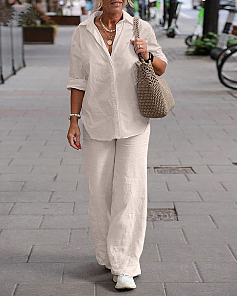 Two Piece Set Lapel Long-sleeved Shirt Casual Solid Color Wide-leg Pants Suit – Beige Two Piece Set Lapel Long-sleeved Shirt Casual Solid Color Wide-leg Pants Suit – Beige