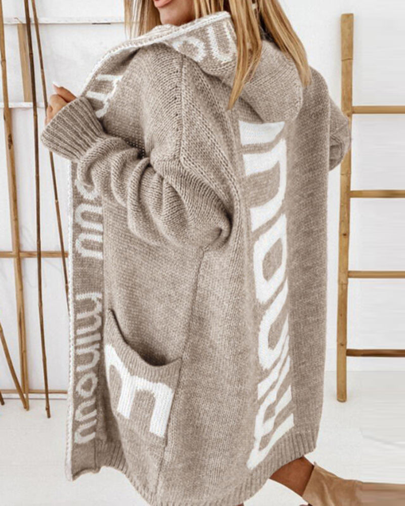 Long Elegant Stripe Cardigan Wool Long Sleeve Hooded Letter Knitted Coat – Khaki Long Elegant Stripe Cardigan Wool Long Sleeve Hooded Letter Knitted Coat – Khaki