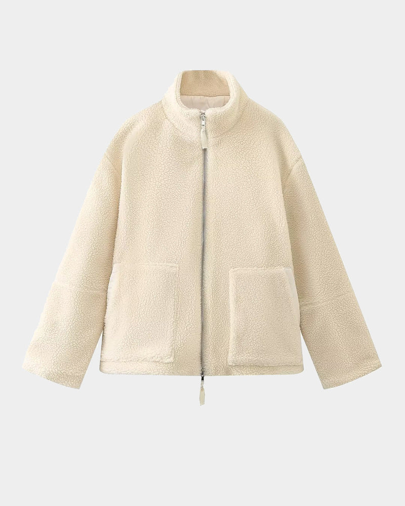 Teddy Fleece Jacket Cozy High Collar Zip-up Coat Fuzzy Winter Outwear with Pockets – Beige M Teddy Fleece Jacket Cozy High Collar Zip-up Coat Fuzzy Winter Outwear with Pockets – Beige M