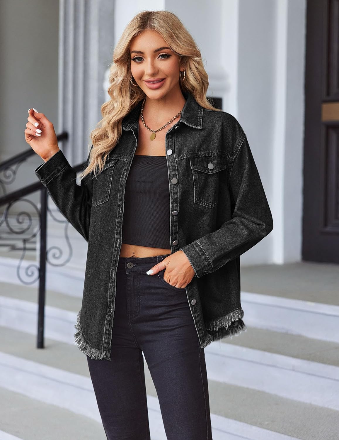 Zeagoo Jean Jackets Ripped Stretchy Denim Jean Jacket – Black Zeagoo Jean Jackets Ripped Stretchy Denim Jean Jacket – Black