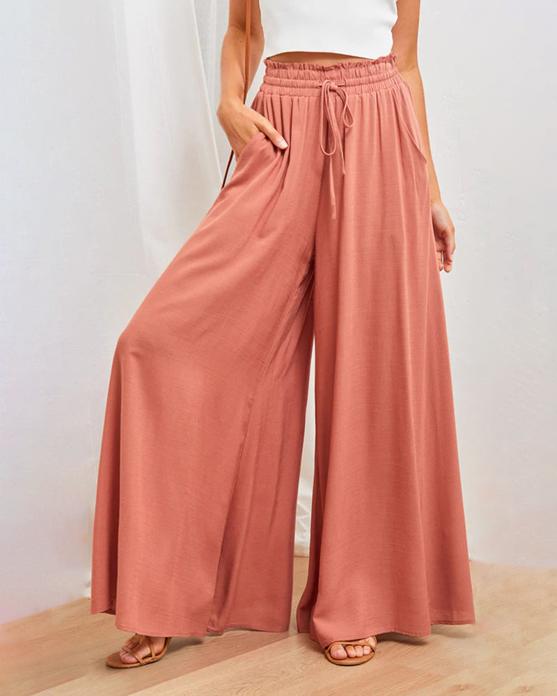 Wide Leg Flowy Pants Summer Boho Elastic Waist Drawstring Palazzo Trousers – Orange L- Wide Leg Flowy Pants Summer Boho Elastic Waist Drawstring Palazzo Trousers – Orange L-