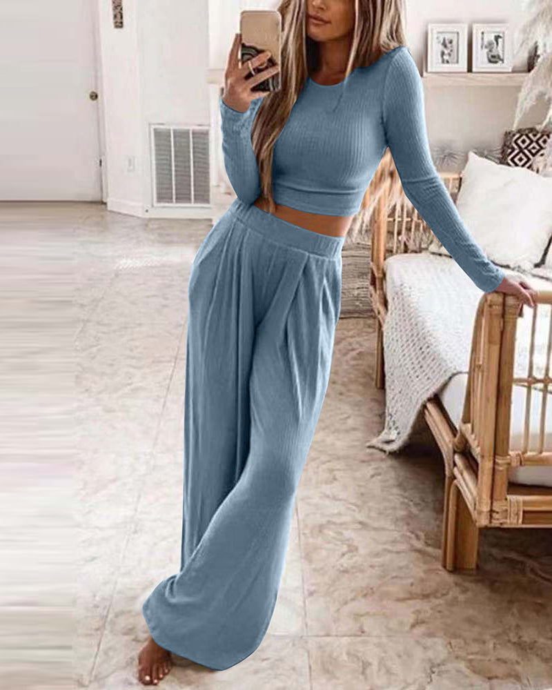 Two Pieces Sets Long Sleeve Crop Thread Top Casual High Waist Wide Leg Pants – Blue Two Pieces Sets Long Sleeve Crop Thread Top Casual High Waist Wide Leg Pants – Blue