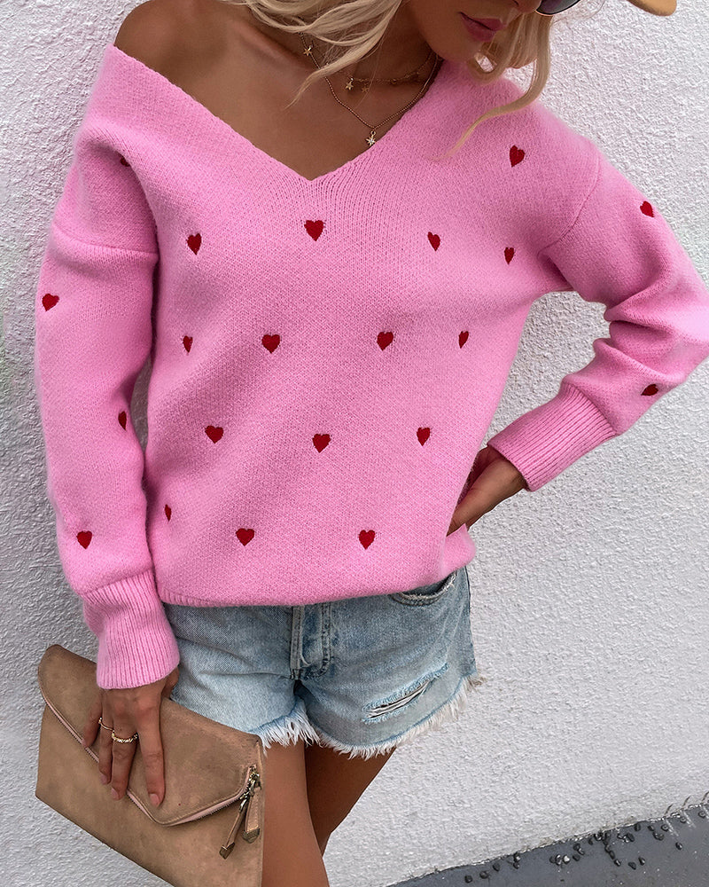 Drop Shoulder Heart Embroidered Jumper – Pink L- Drop Shoulder Heart Embroidered Jumper – Pink L-