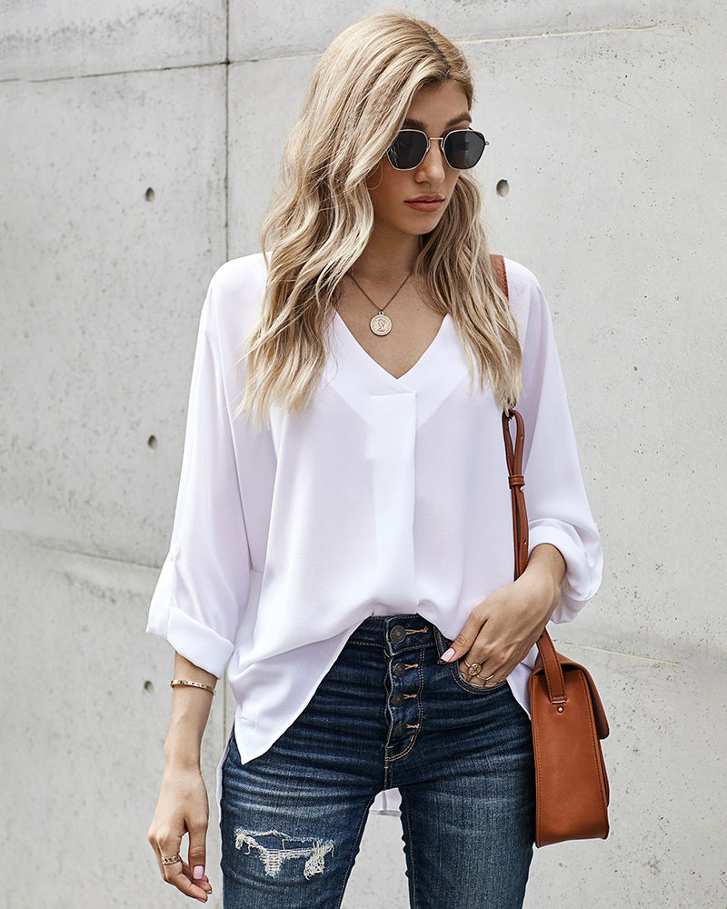 Zeagoo V-Neck Long Sleeve Buckle Shirt Plain Shirts Shirt Top Elegant Shirts Casual Slim Fit Basic – White M