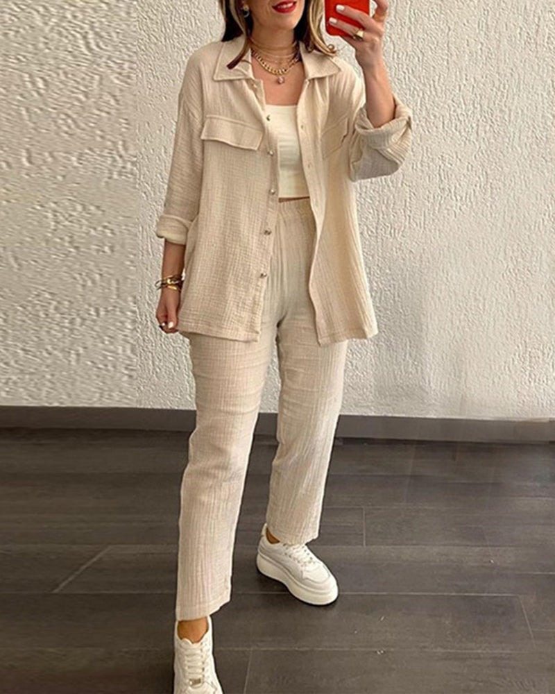 Zeagoo Double Crepe Loose Oversized Lapel Long Sleeve Shirt Casual Pants Set – Beige L- Zeagoo Double Crepe Loose Oversized Lapel Long Sleeve Shirt Casual Pants Set – Beige L-