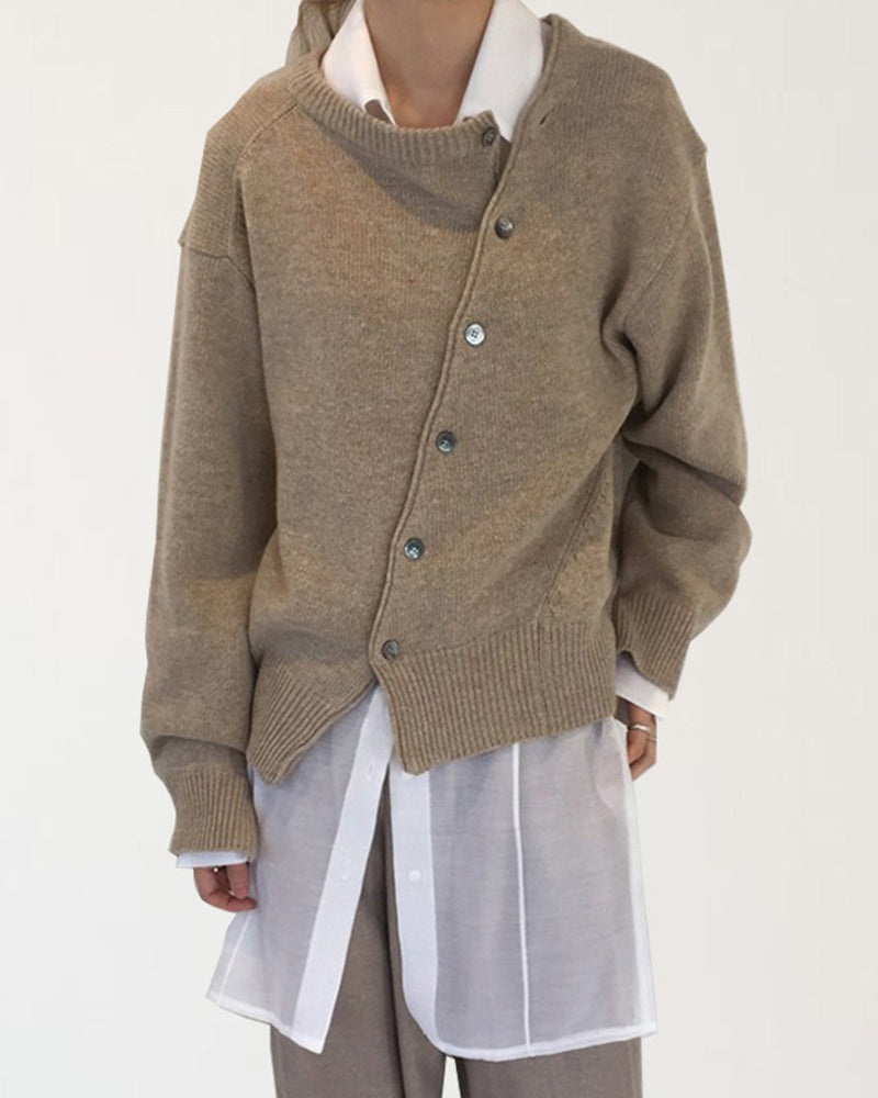 Irregular Button Casual Cardigan Loose Crew Neck Sweater Outerwear – Apricot Irregular Button Casual Cardigan Loose Crew Neck Sweater Outerwear – Apricot
