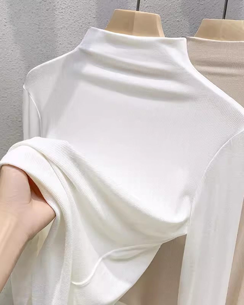 Half High Neck Long Sleeve Thread Slim-fit shirt – White L- Half High Neck Long Sleeve Thread Slim-fit shirt – White L-
