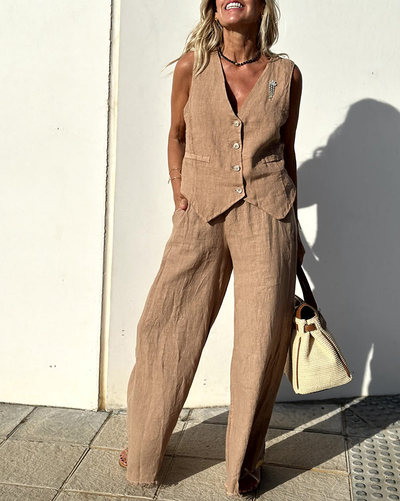Zeagoo Casual Two-piece Slim Fit Sleeveless Vest Wide Leg Pants Set – Khaki M Zeagoo Casual Two-piece Slim Fit Sleeveless Vest Wide Leg Pants Set – Khaki M