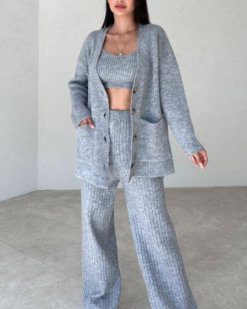 Elegant Three-pieces Knitwear Set Crop Vest Button Sweater Cardigant and Wide Leg Pant Outfits – Grey Elegant Three-pieces Knitwear Set Crop Vest Button Sweater Cardigant and Wide Leg Pant Outfits – Grey