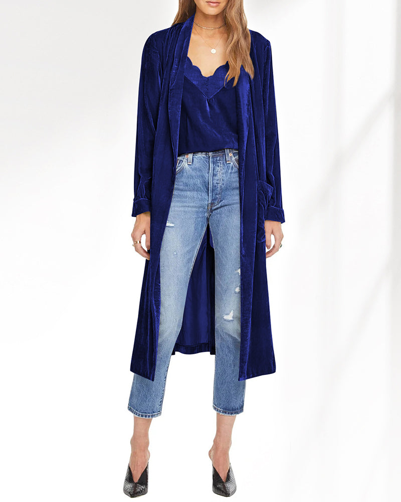 Long Velvet Cardigan Jacket Casual Open Front Velour Lapel Cardigan Maxi Blazer – Blue M Long Velvet Cardigan Jacket Casual Open Front Velour Lapel Cardigan Maxi Blazer – Blue M
