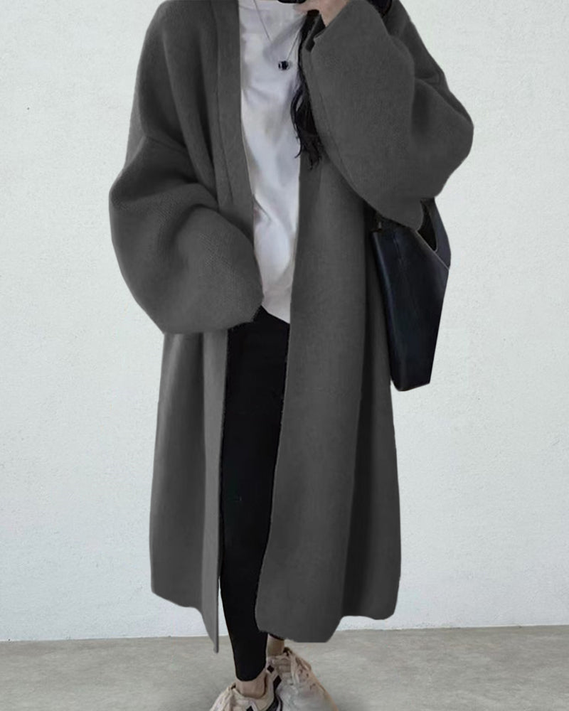Plain Midi Open Front Cardigan Sweater – Grey M Plain Midi Open Front Cardigan Sweater – Grey M