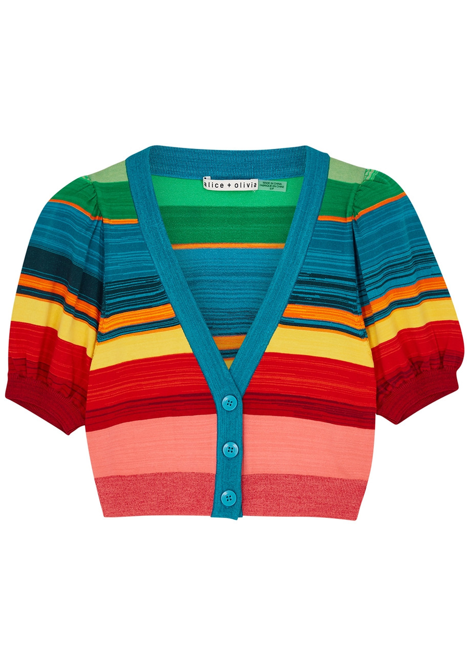 Alice + Olivia Romi Striped Cropped Stretch-knit Cardigan – Multicoloured Alice + Olivia Romi Striped Cropped Stretch-knit Cardigan – Multicoloured
