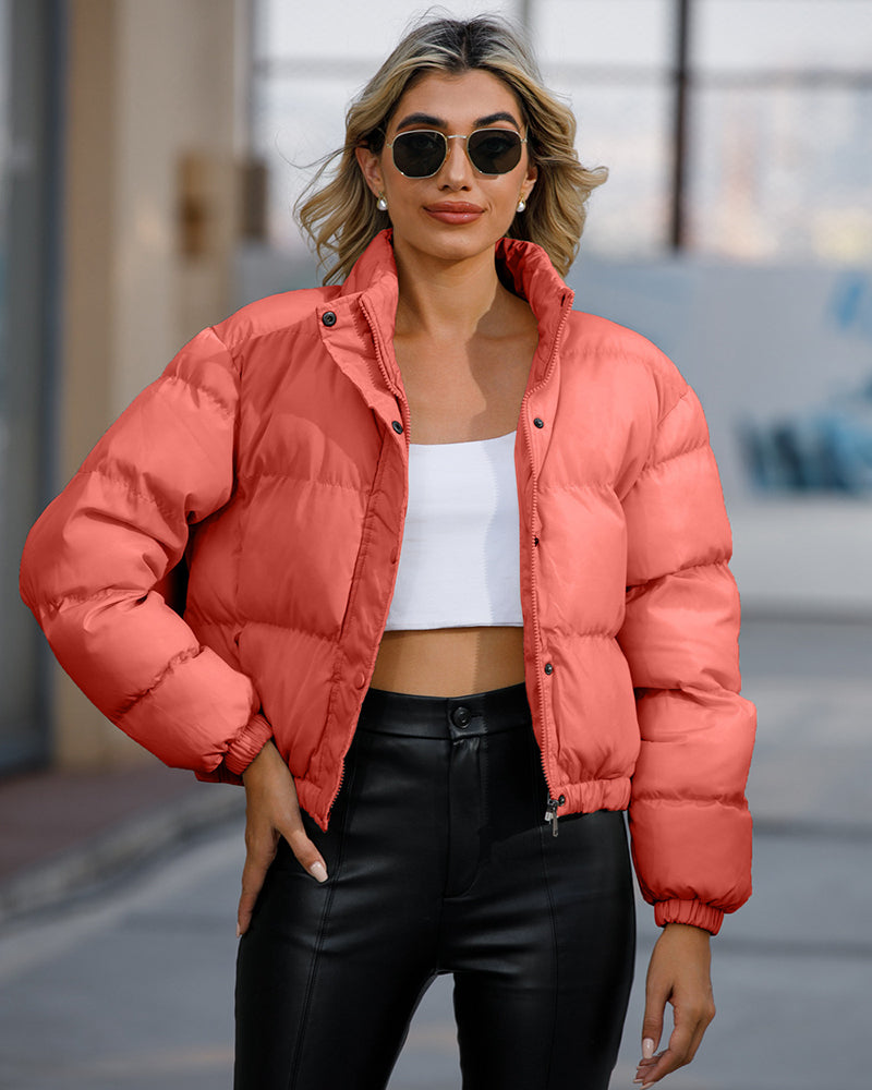 Short Puffer Jacket Stands Up Button Zipper Outerwear – Caramel Short Puffer Jacket Stands Up Button Zipper Outerwear – Caramel