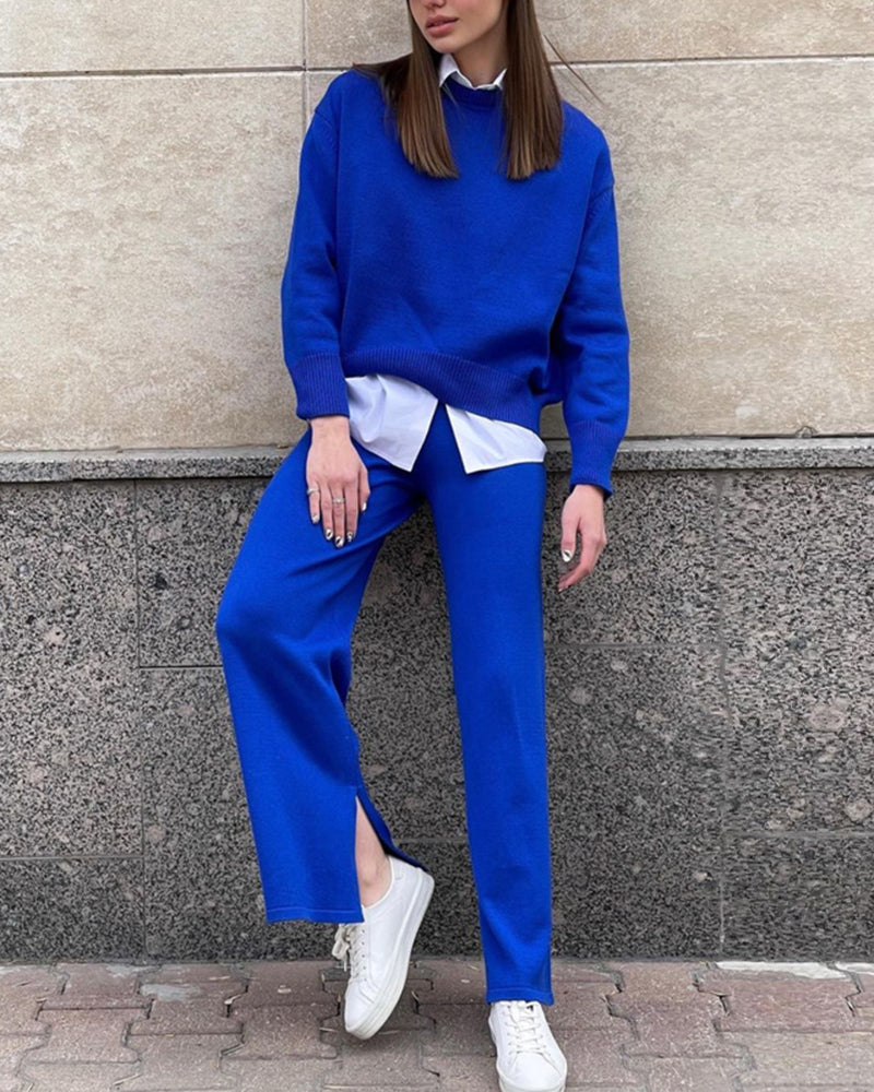 Solid Color Knitted Two Pieces Turtleneck Sweater Set Loose Top + Slit Trouser Pants – Blue S Solid Color Knitted Two Pieces Turtleneck Sweater Set Loose Top + Slit Trouser Pants – Blue S