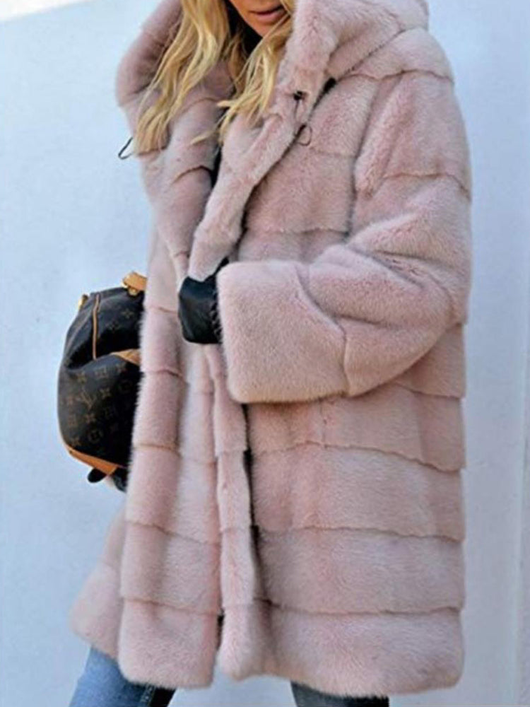Faux Fur Hooded Jacket Open Front Parka Outwear – Pink Faux Fur Hooded Jacket Open Front Parka Outwear – Pink
