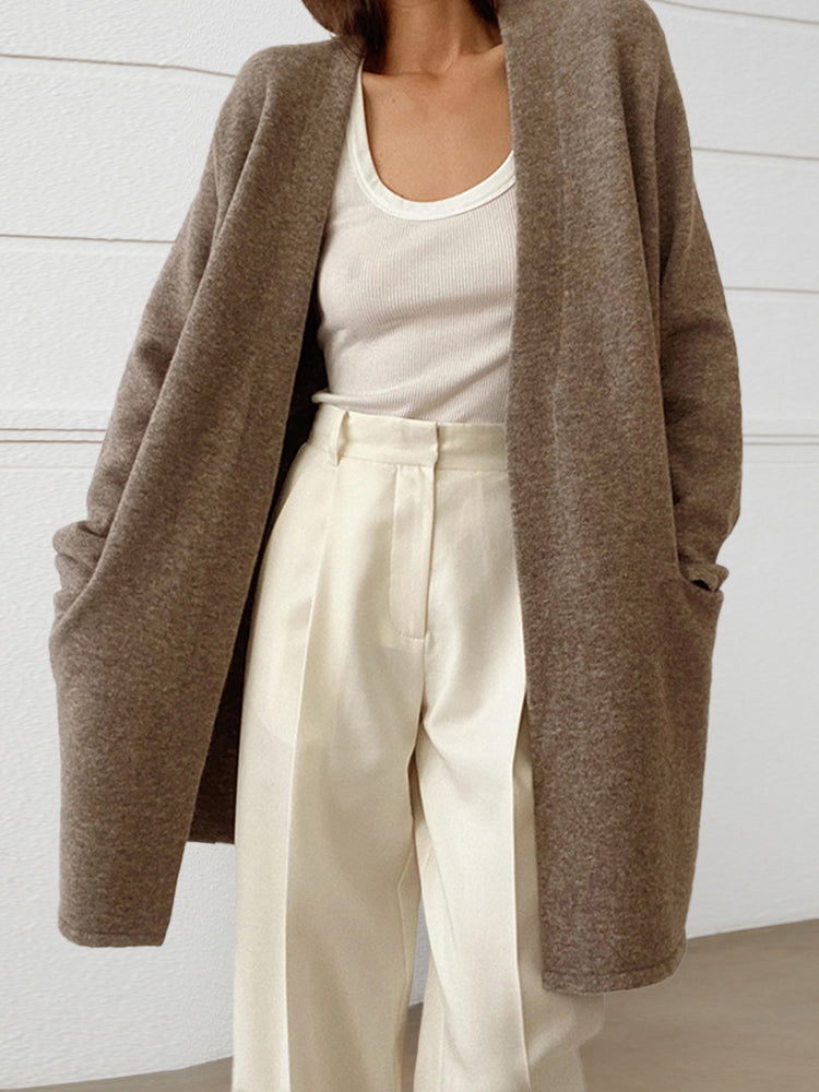 Long Patch Pocket Sweater Cardigan Coat – Brown L- Long Patch Pocket Sweater Cardigan Coat – Brown L-