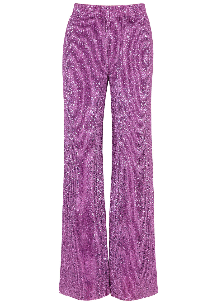 Stine Goya Markus Sequin-embellished Metallic-knit Trousers – Purple Stine Goya Markus Sequin-embellished Metallic-knit Trousers – Purple