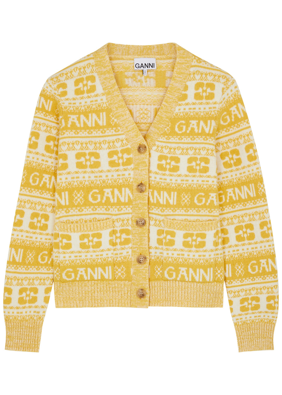Ganni Logo-intarsia Wool-blend Cardigan – Yellow Ganni Logo-intarsia Wool-blend Cardigan – Yellow