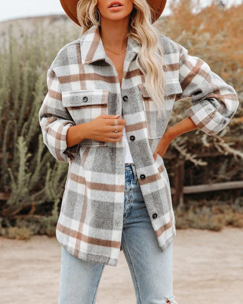 Plaid Button Flannel Wool Shirt Jacket – Grey S Plaid Button Flannel Wool Shirt Jacket – Grey S