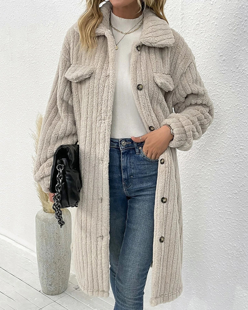 Fuzzy Faux Shearling Lapel Button Down Fleece Outwear Flannel Jacket – Apricot Fuzzy Faux Shearling Lapel Button Down Fleece Outwear Flannel Jacket – Apricot