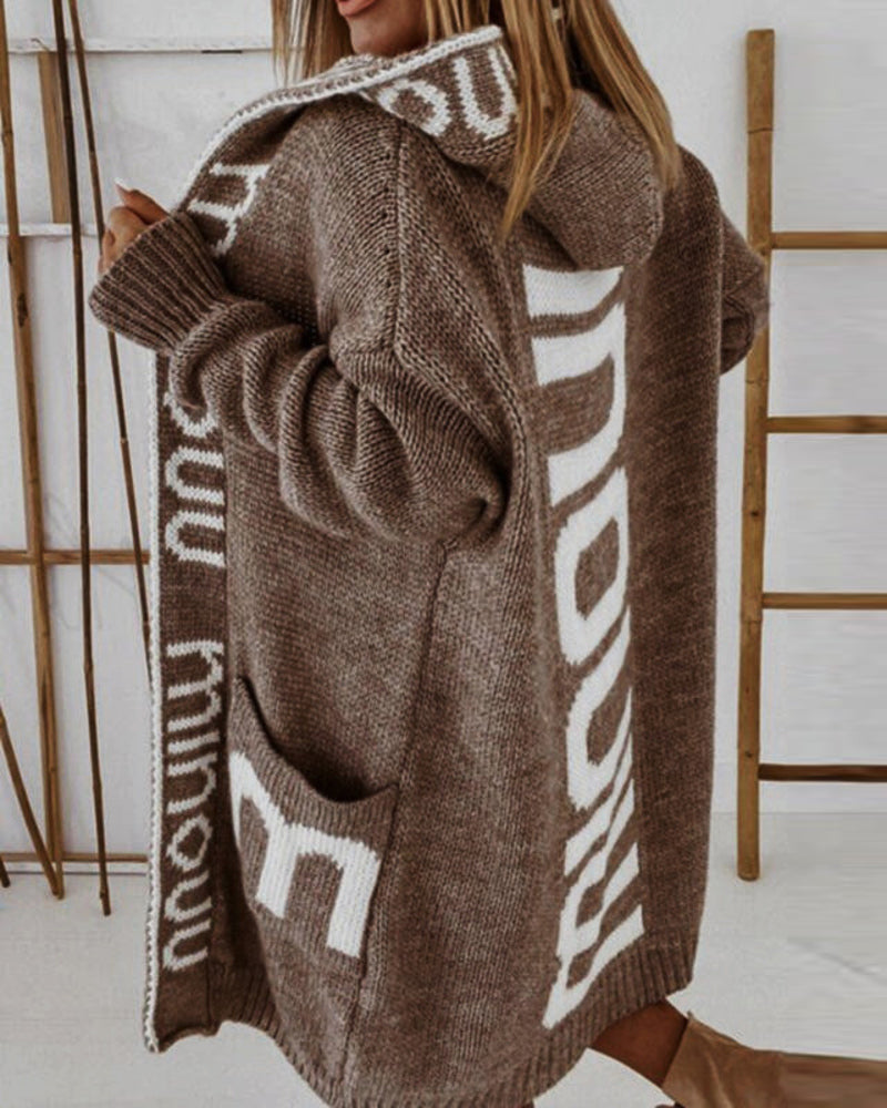 Long Elegant Stripe Cardigan Wool Long Sleeve Hooded Letter Knitted Coat – Coffee