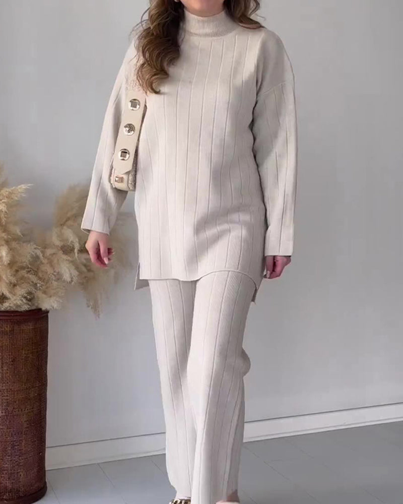 Solid Color Turtleneck Mid-length Casual Two-piece Sweater Set – White Solid Color Turtleneck Mid-length Casual Two-piece Sweater Set – White
