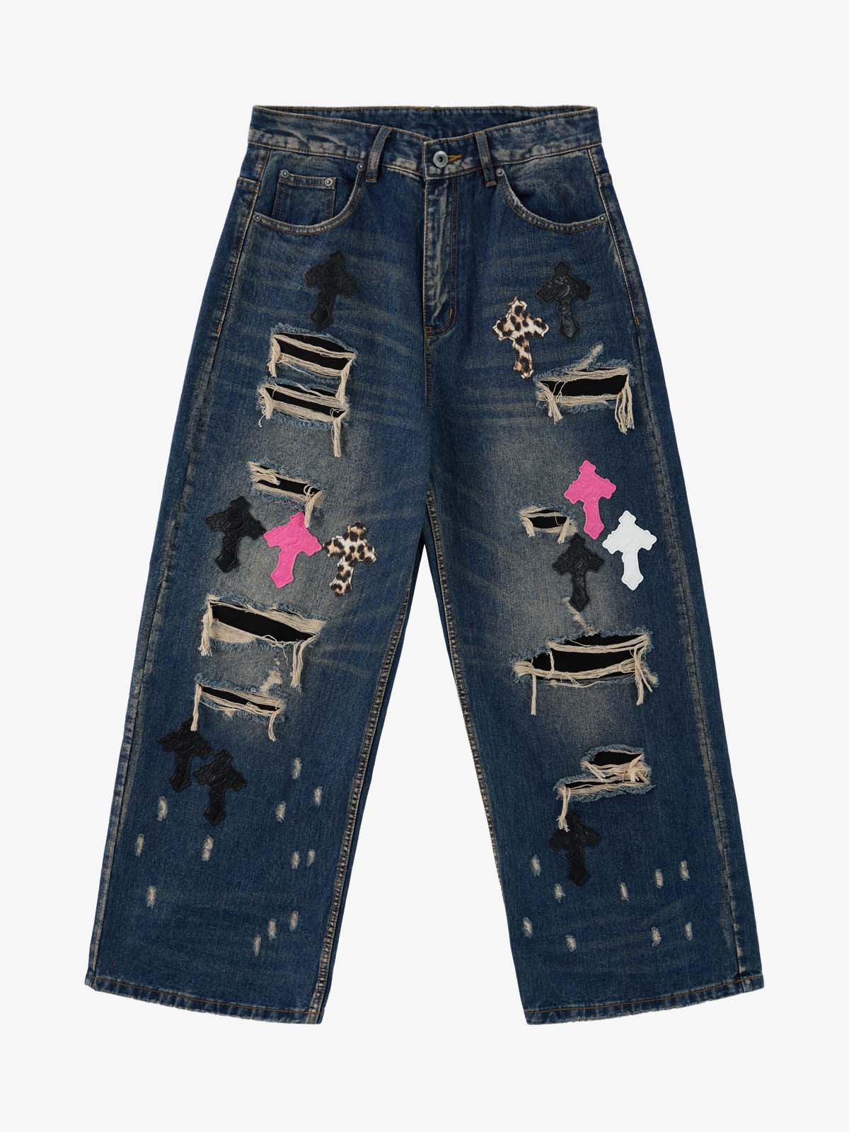Distressed Cross Patchwork Washed Baggy Jeans Distressed Cross Patchwork Washed Baggy Jeans