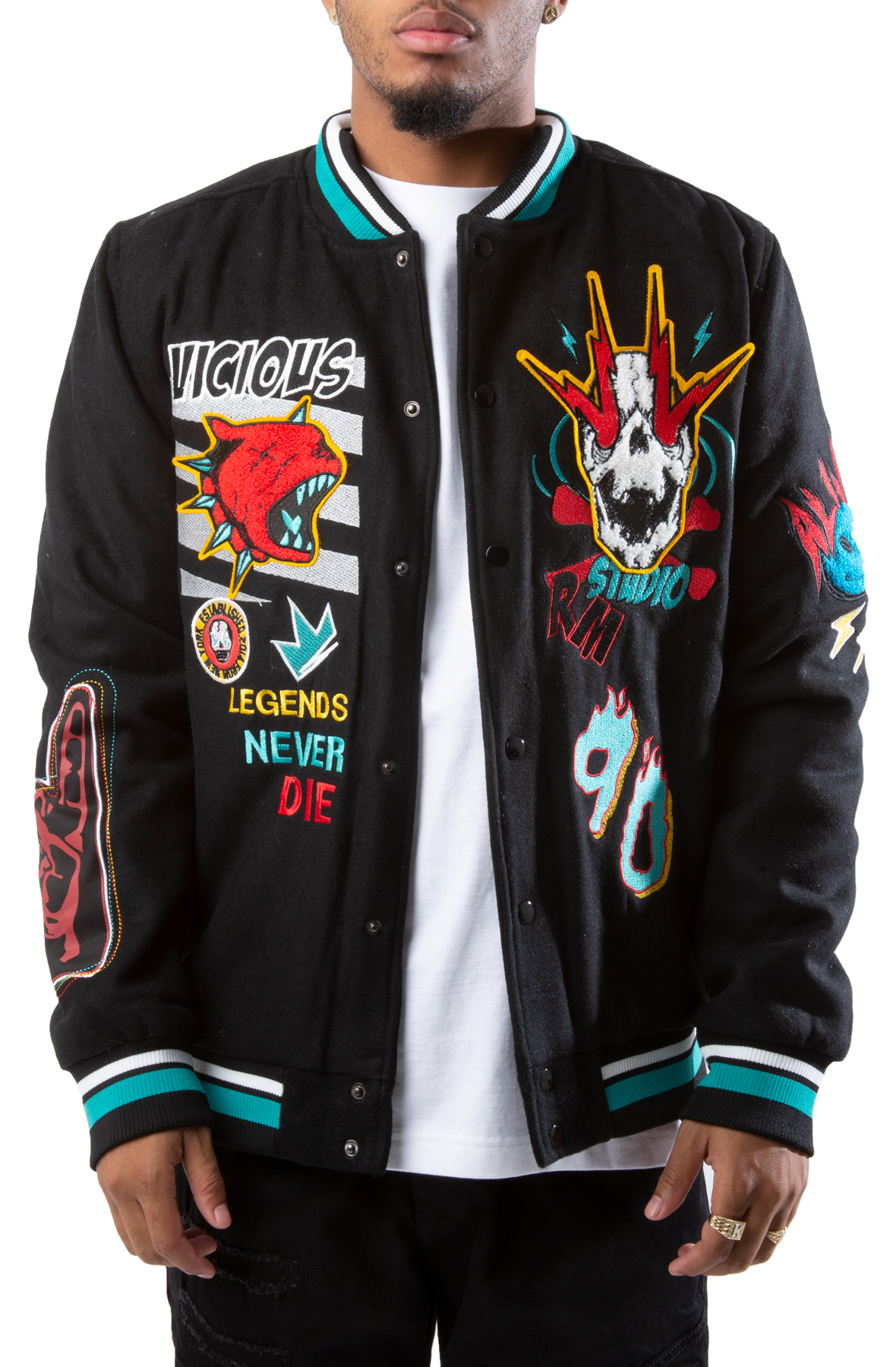 Men Madness Sketch Varsity Jacket BlackTeal Jackets S BlackTeal Men Madness Sketch Varsity Jacket BlackTeal Jackets S BlackTeal
