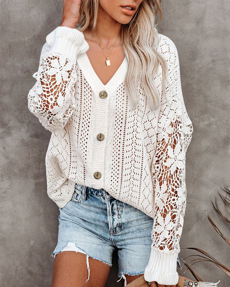 Zeagoo Long Sleeve Lace Cable Knit Sweater Open Front Cardigan Button Loose Shirts – White L- Zeagoo Long Sleeve Lace Cable Knit Sweater Open Front Cardigan Button Loose Shirts – White L-