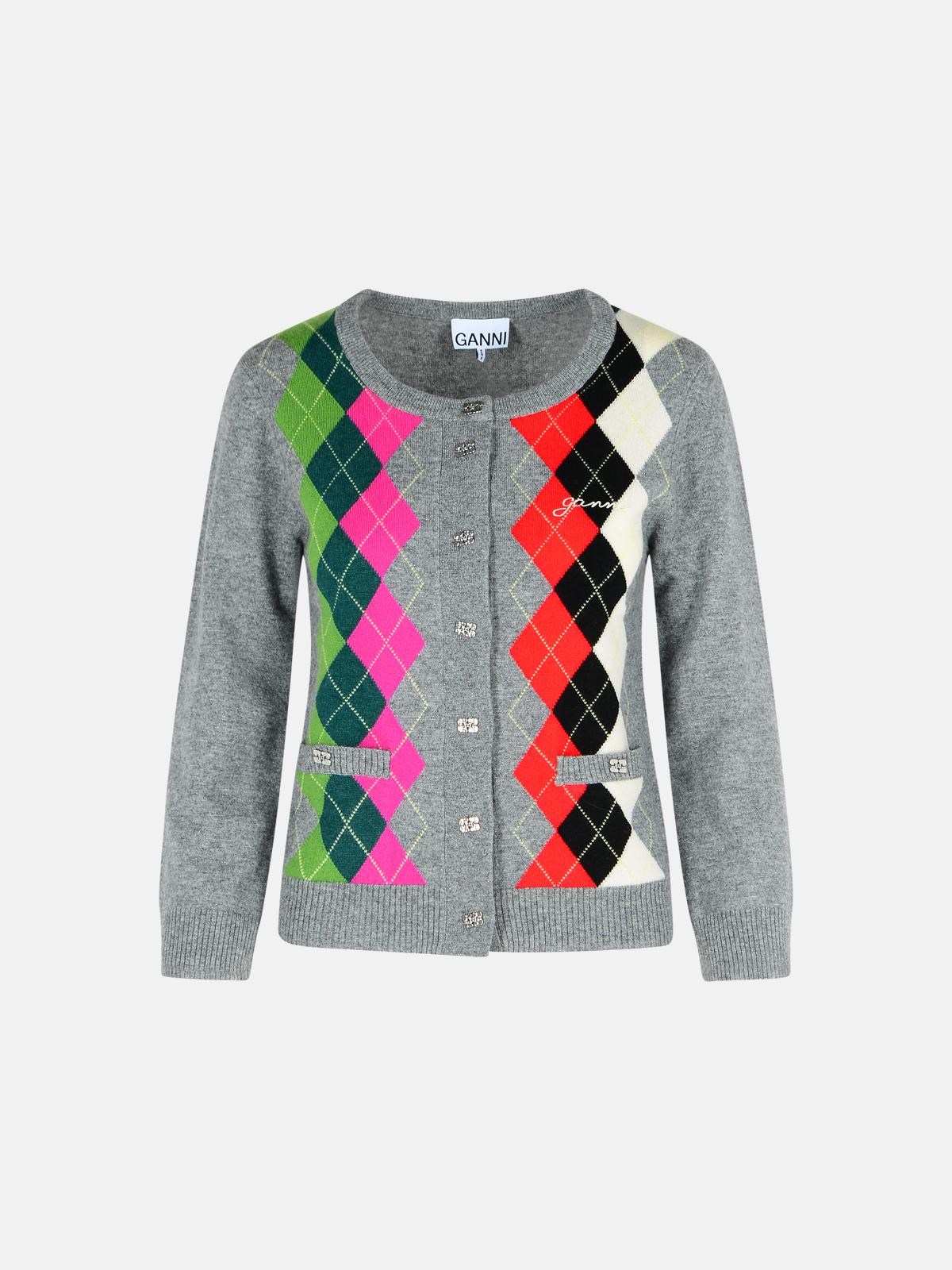 GANNI Grey Checked Cashmere Blend Cardigan