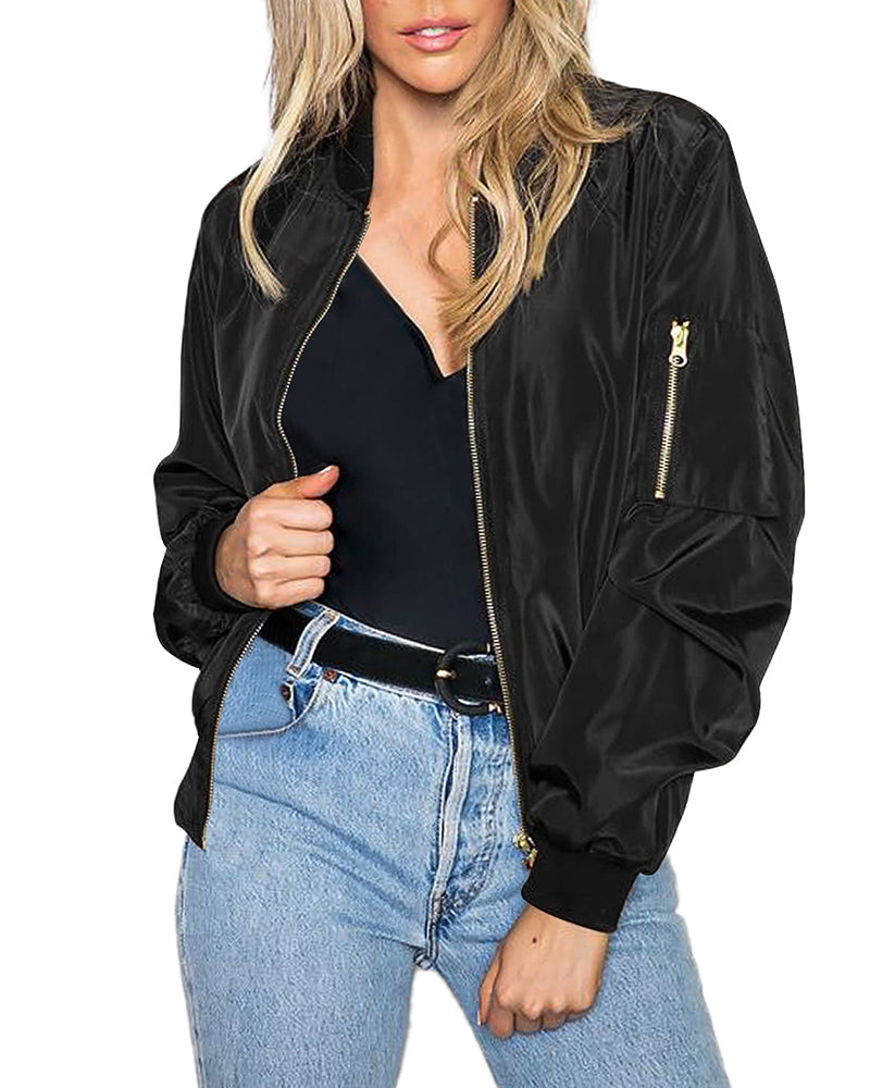 Zeagoo Classic Bomber Jacket Windbreaker with Pockets – Satin-black L- Zeagoo Classic Bomber Jacket Windbreaker with Pockets – Satin-black L-