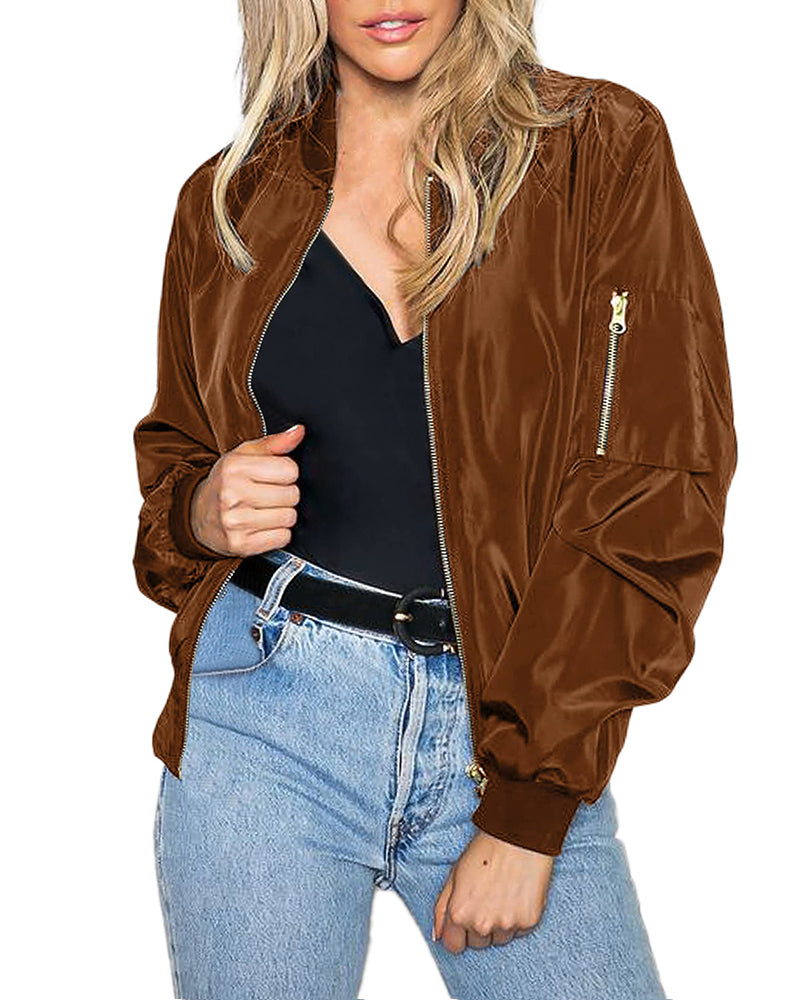 Zeagoo Classic Bomber Jacket Windbreaker with Pockets – Satin-light Brown Zeagoo Classic Bomber Jacket Windbreaker with Pockets – Satin-light Brown